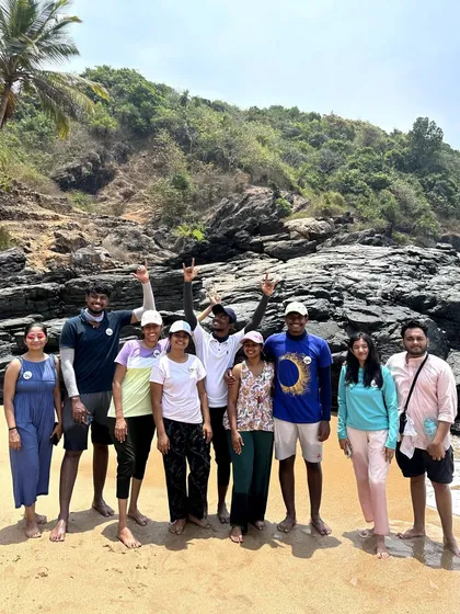 A fun group photo on a secluded beach reached during our Gokarna trek.