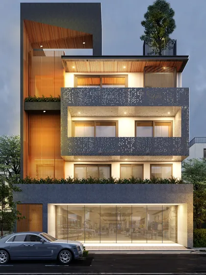 This residential facade design features a decorative perforated screen for privacy and aesthetic appeal. The inclusion of a rooftop garden with a full-size tree demonstrates our commitment to incorporating significant green spaces even in dense urban settings.