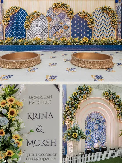 Details from a Moroccan-themed Haldi, including the stunning blue and yellow decor and personalized signage.