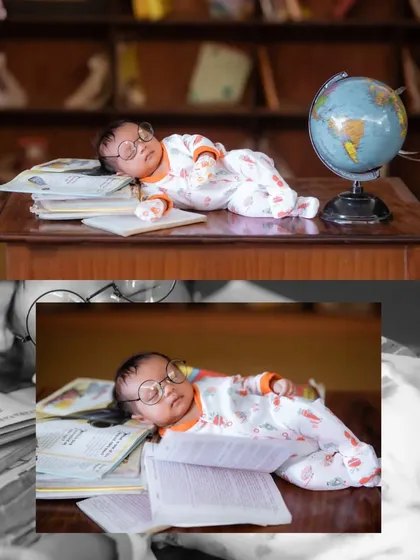 A collage comparing color and black-and-white versions of a newborn sleeping on a stack of books, showing different artistic styles.