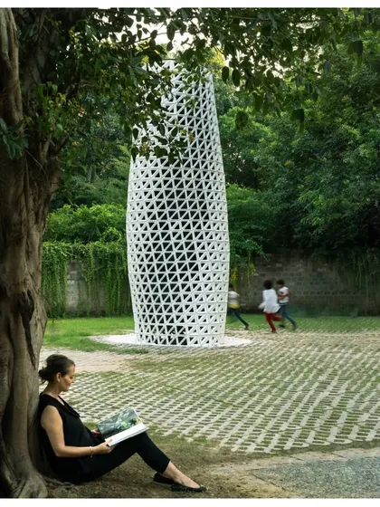 I design solutions for urban challenges, and the award-winning VERTO is a prime example. This air purification tower, seen here in Sunder Nursery Park, New Delhi, uses aerodynamic principles to clean 600,000 cubic meters of air daily, turning a functional object into a piece of urban sculpture.