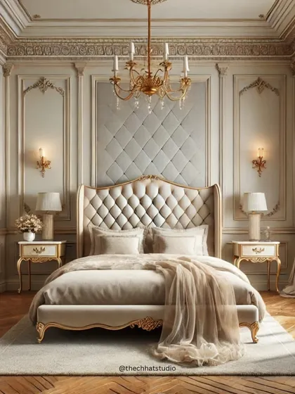 Showcasing my versatility, this classical bedroom design is all about opulence and timeless elegance. Featuring intricate wall mouldings, a crystal chandelier, and a grand, button-tufted bed, this space is a true royal sanctuary.