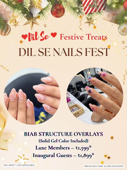 An offer for BIAB structure overlays, featuring two beautiful examples of the service. BIAB is perfect for adding strength to natural nails while allowing for creative designs.