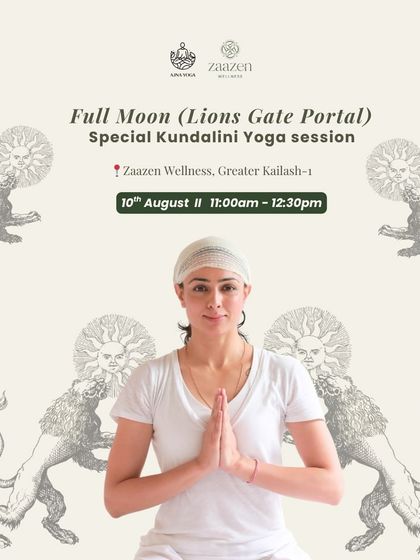 The official poster for our Lion's Gate Portal and Aquarius Full Moon session. I am pictured in a prayer mudra, inviting participants to join in this rare and powerful alignment for release and renewal.