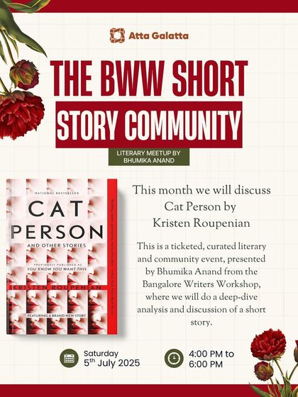 Poster for The BWW Short Story Community meetup to discuss Kristen Roupenian's 'Cat Person'.