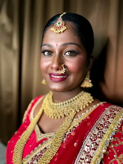 Celebrating the richness of dusky skin. My philosophy is to enhance, never to lighten. Here, I used warm, golden tones to bring out her natural radiance, creating a South Indian bridal look that is both bold and beautiful. This photo is completely unedited to show the true texture and glow.