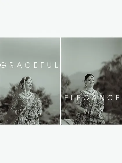 A graceful black and white diptych of a bride against a mountain backdrop, capturing her serene elegance on her wedding day.