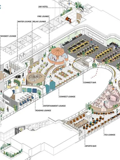 Our detailed axonometric drawings, like this one for the 080 Lounge at Bangalore International Airport, are a key part of our planning process, allowing us to map out complex spaces and ensure every detail is considered.