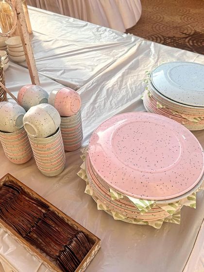 A close-up of the colourful and practical tableware I provide for kids' parties. These durable and fun plates are always a hit.