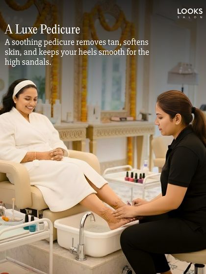 A luxe pedicure is essential for pre-wedding prep. Here, a bride-to-be enjoys a soothing treatment designed to remove tan, soften skin, and get her heels ready for her big day.