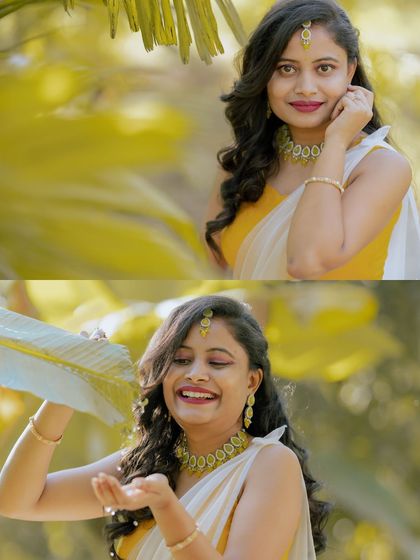 A collage of a bride's portraits from her Haldi ceremony, capturing her playful and happy moments.