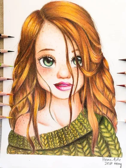 A cute, semi-realistic colored pencil portrait of a girl with reddish-brown hair and a green sweater.