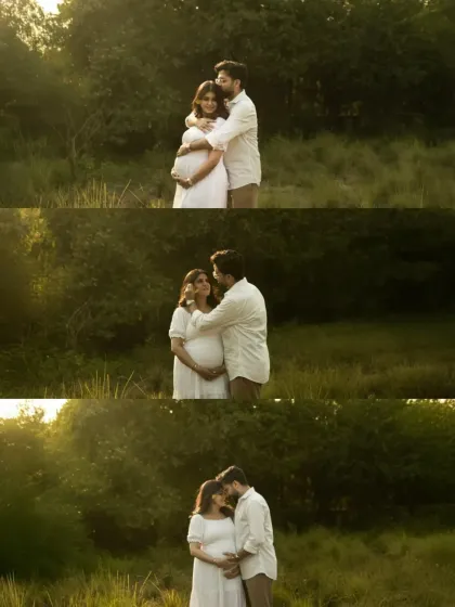 A collage of love. This series of three images shows the couple's tender interactions, from a gentle hug to a shared look, all captured in the beautiful, warm light of the outdoors.