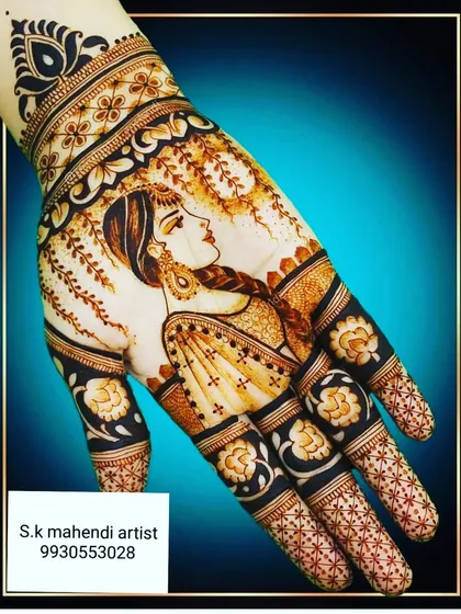 For a truly unique design, I can create detailed portraits. This single-hand mehendi features a beautiful bride figure, showcasing my skill in creating realistic and artistic figures.