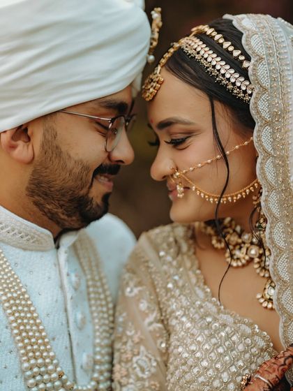 A classic and intimate close-up portrait of the bride and groom, their faces close together, radiating happiness.