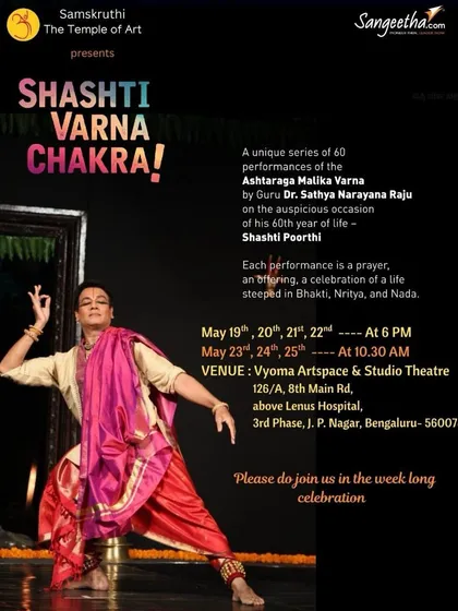 The poster for "SHASHTI VARNA CHAKRA," a unique series of 60 Bharatanatyam performances by Guru Dr. Sathya Narayana Raju.