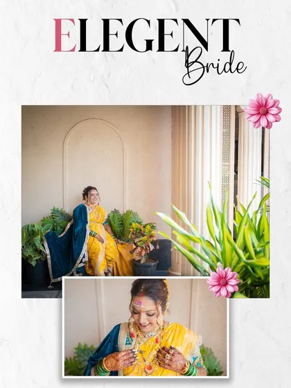 An elegant bride in her yellow saree, captured in moments of quiet reflection and joy.