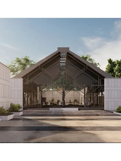 This rendering visualizes a large convention center, where the main hall is designed as a glass pavilion with an exposed structural frame, centered around a large indoor tree.