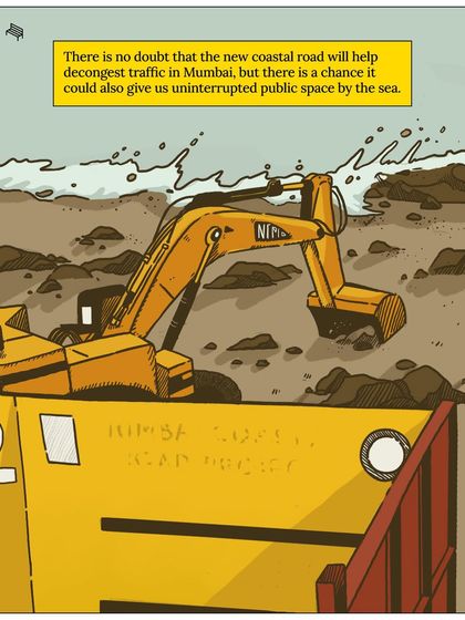 An illustration of the ongoing construction for the Coastal Road. While the project will help decongest traffic, we are fighting to ensure it also delivers uninterrupted public space by the sea for all Mumbaikars.