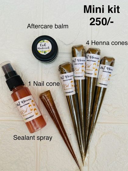 This Eid Mini Kit includes 4 henna cones, 1 nail cone, sealant spray, and aftercare balm. It's everything you need for beautiful festival henna.