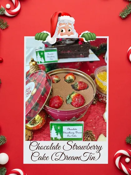 Our Chocolate Strawberry Dream Tin Cake, a perfect and portable dessert for sharing during the festive season.