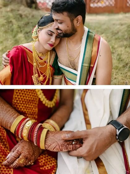 A collage showing an intimate embrace and a close-up of the couple holding hands, highlighting the emotional and physical connection.