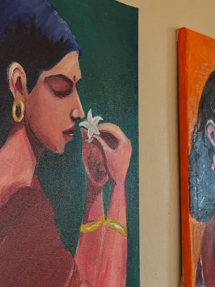 An acrylic on canvas portrait exploring the theme of self-care and quiet reflection. This piece shows my fine art style, focusing on expression and mood through color and composition, which often inspires my merchandise designs.