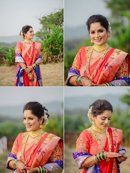 A collage of the bride's portraits, showcasing her radiant smile and the stunning details of her traditional Maharashtrian bridal look.