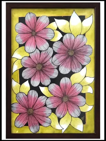 A mix of ink and watercolor, this piece features pink and white flowers against a bright yellow background. The fine ink lines define the petals, while the watercolor adds softness and color, creating a unique graphic floral style.