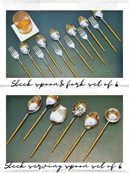 My sleek and modern cutlery collection, featuring two-toned designs with gold handles. The set includes both dining flatware and a matching set of serving spoons for a coordinated look.