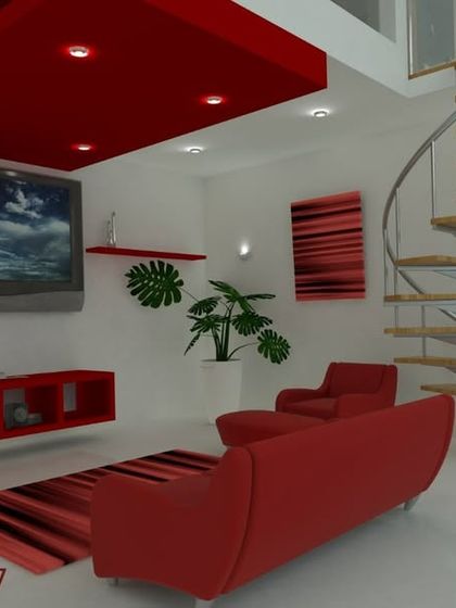This 3D design shows how we can use bold colors to create a dynamic living space. The concept features a striking red false ceiling and matching furniture, contrasted with a clean white layout and a modern spiral staircase.