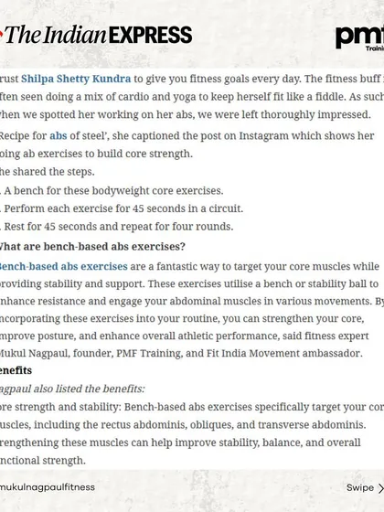 The Indian Express covered my breakdown of Shilpa Shetty's "abs of steel" workout. This carousel shares my insights on her bench-based core exercises and how to perform them correctly.