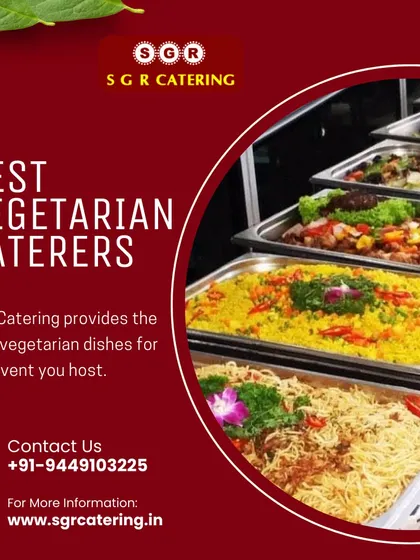 We provide the best vegetarian dishes for any event you host. This image showcases a colorful and varied buffet spread, including rice dishes, noodles, and curries.