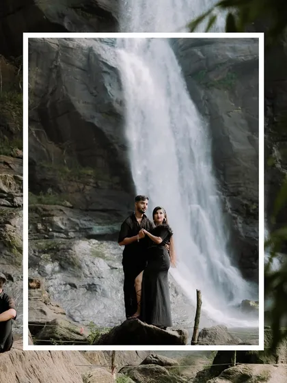 For adventurous couples, we create dramatic portraits in stunning natural landscapes. This shot, set against a majestic waterfall, captures a powerful and romantic moment, showcasing our ability to work in diverse outdoor locations.