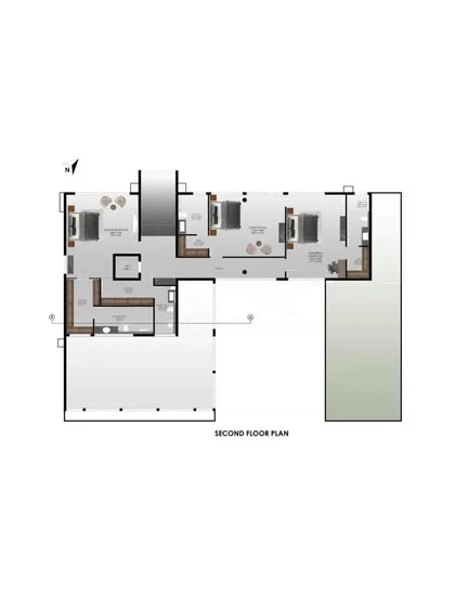 The second-floor plan, illustrating the layout of the private bedrooms and terraces.