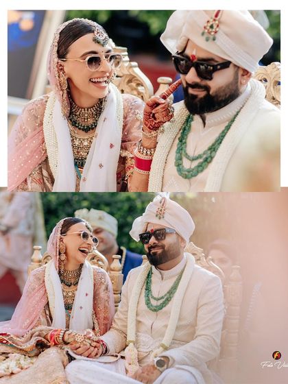 A collage of the couple sharing a laugh during their wedding, showcasing their fun-loving personalities even in traditional attire.