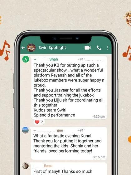 A screenshot of a parent thanking us for putting on a spectacular show and giving their child a wonderful platform. This is why we organize our Swirl Spotlight events.