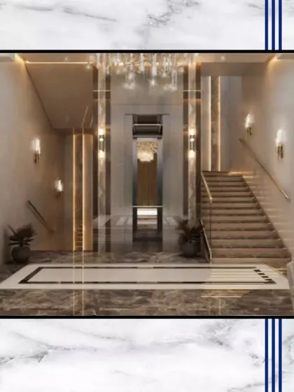 A concept for a grand entrance lobby. This design features a stunning staircase, a glass-walled elevator, and extensive use of marble and integrated lighting to create a truly impressive welcome.