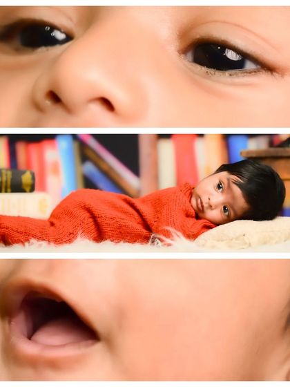A collage showing different expressions and details of a newborn, from wide-eyed curiosity to a tiny yawn.