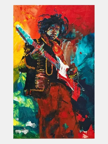 The energy of Jimi Hendrix is electric, and I wanted this 5x3 feet acrylic painting to feel the same. The explosive colors and raw strokes are meant to make you almost hear the music coming from the canvas.