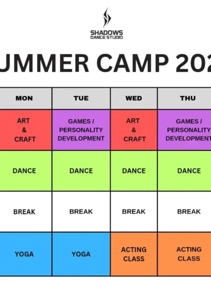 Here is the clear, structured schedule for our summer camp. I've planned each day to include a healthy mix of movement, creativity, and rest, from morning art sessions to afternoon acting classes. This timetable shows you exactly how we balance fun and learning from 9:30 AM to 1:00 PM.