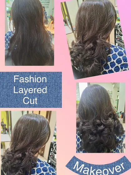 A fashionable layered cut that adds texture and shape. The final look is styled with soft curls to demonstrate the volume and movement created by the layers.
