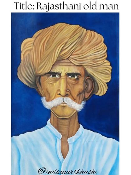 A portrait of a Rajasthani man, his magnificent turban painted with thick, textured strokes. The deep blue background makes his weathered features and proud expression stand out.