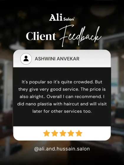 A client review praising the good service and fair prices, even when the salon is busy. She recommends the nano plastia treatment and haircut.