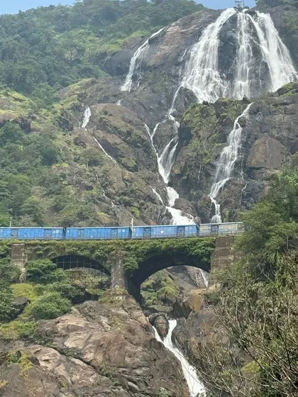The iconic view of a train crossing the bridge over Dudhsagar falls, a sight to behold.