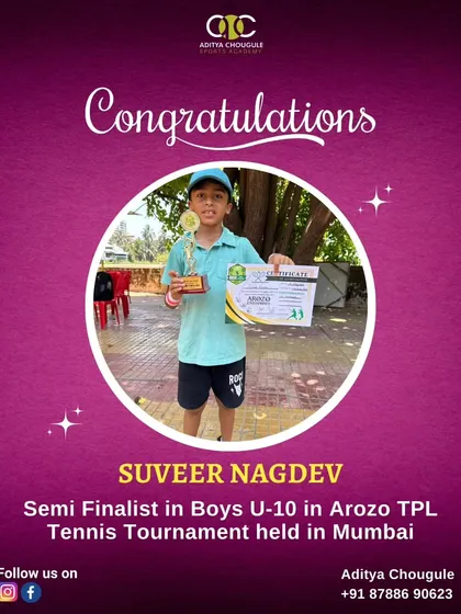 Congratulations to Suveer Nagdev, a semi-finalist in the Boys U-10 Arozo TPL Tennis Tournament. We are proud of his achievement.