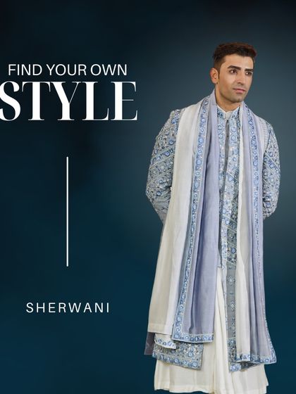 This graphic highlights the sherwani as a key part of my collection, showcasing a blue embroidered piece that is both traditional and striking.