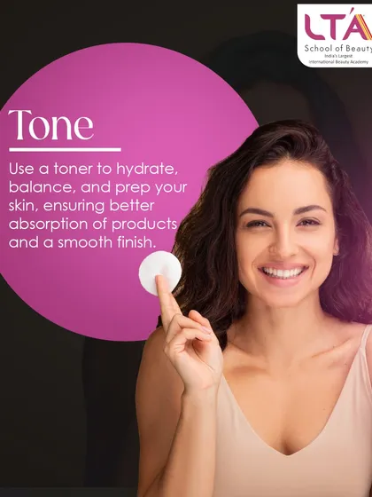 Step 3: Tone. Using a toner helps to hydrate, balance the skin's pH, and prepare it for better absorption of moisturizers and primers, contributing to a smooth finish.