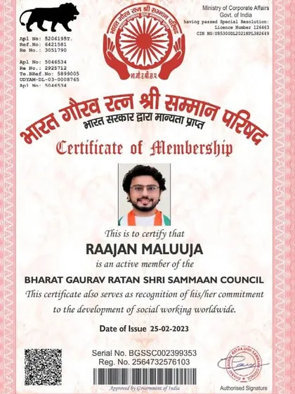 My certificate of membership for the Bharat Gaurav Ratan Shri Samman Council, recognizing my commitment to social work.
