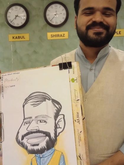 A caricature of a man in a vest, drawn live at the restaurant. The clocks in the background add to the ambiance.